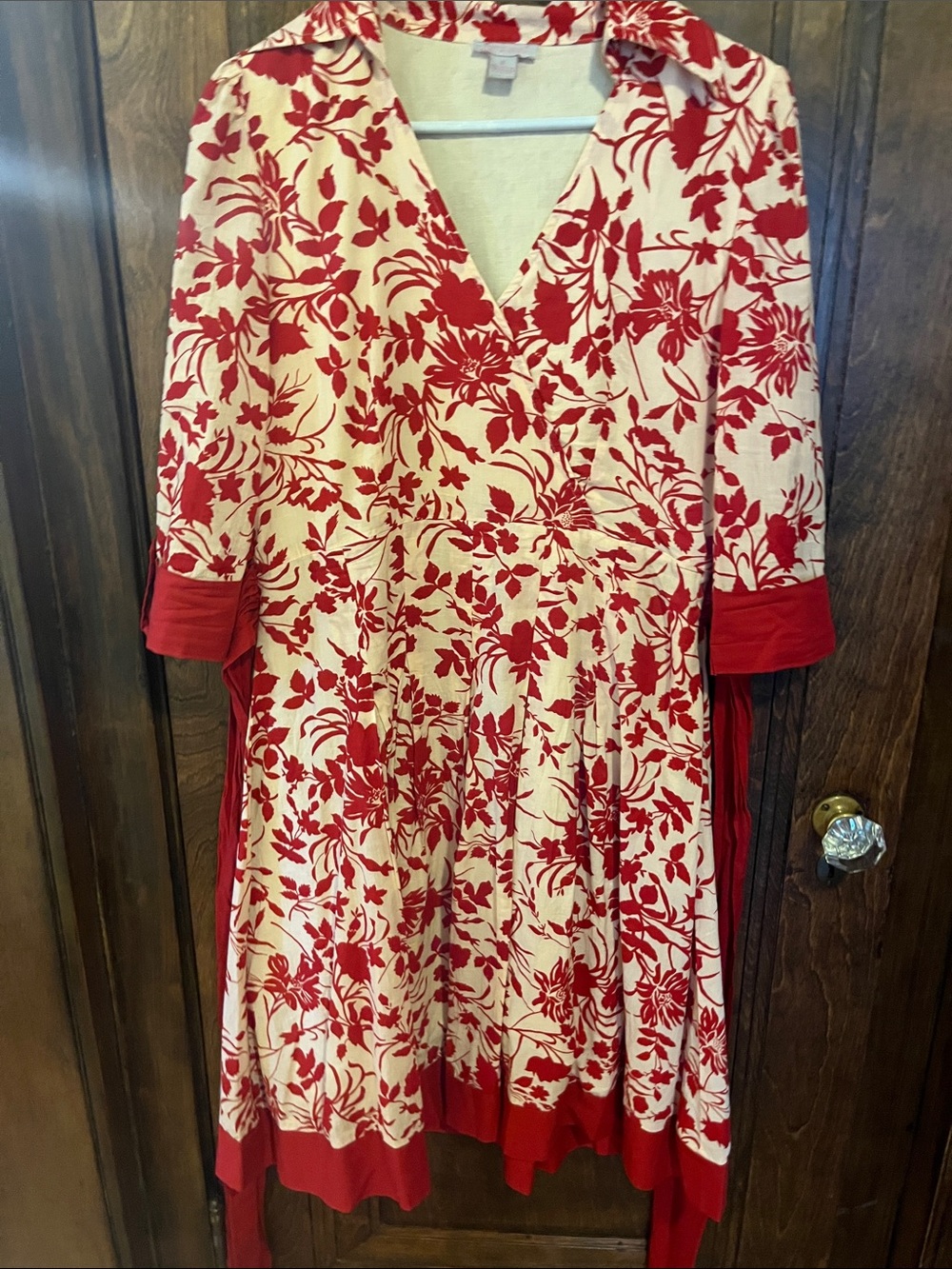 Anthropologie Red Floral Wrap Dress with Ivory Base